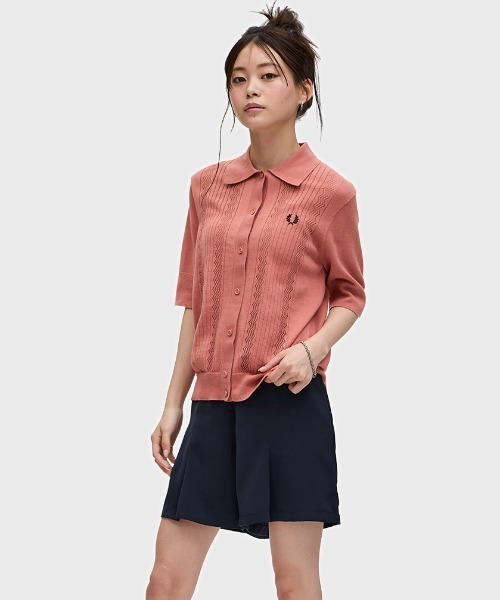 【美品】フレッドペリー ボルドー ニットポロシャツ 長袖 ウール100% Ｍ FRED PERRY ニットポロ フレッドペリー レディース トップス