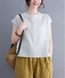 BLANC FICELLE | スタンドカラーヘンリーネックフレンチスリーブシャツ / 胸ポケット付きブラウス(シャツ/ブラウス)