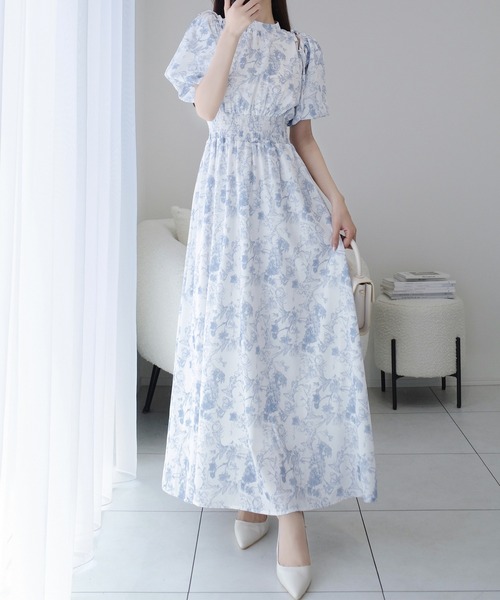 mily bilet（ミウィビレット）の「【mily bilet】爽やかで優雅な大人フェミニン。肩開きリボン２WAY花柄バルーン袖ワンピース（ロング丈）（ワンピース・レディース・グレー/アイボリー・LARGE/MEDIUM/SMALL/X-LARGE）」の4枚目の写真