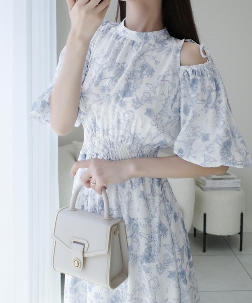 mily bilet（ミウィビレット）の「【mily bilet】爽やかで優雅な大人フェミニン。肩開きリボン２WAY花柄バルーン袖ワンピース（ロング丈）（ワンピース・レディース・グレー/アイボリー・LARGE/MEDIUM/SMALL/X-LARGE）」の10枚目の写真