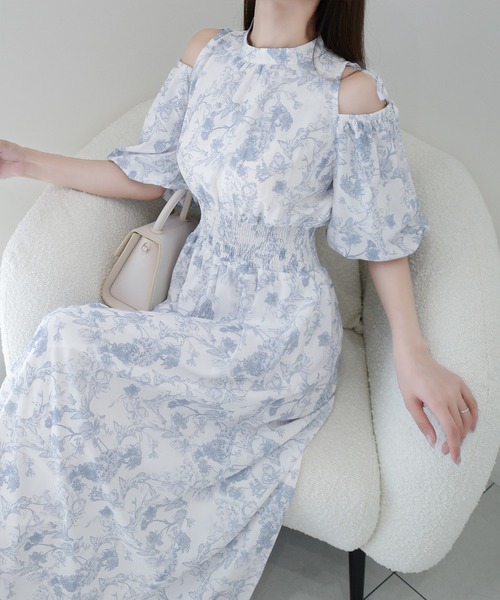 mily bilet（ミウィビレット）の「【mily bilet】爽やかで優雅な大人フェミニン。肩開きリボン２WAY花柄バルーン袖ワンピース（ロング丈）（ワンピース・レディース・グレー/アイボリー・LARGE/MEDIUM/SMALL/X-LARGE）」の8枚目の写真