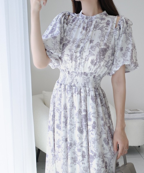 mily bilet（ミウィビレット）の「【mily bilet】爽やかで優雅な大人フェミニン。肩開きリボン２WAY花柄バルーン袖ワンピース（ロング丈）（ワンピース・レディース・グレー/アイボリー・LARGE/MEDIUM/SMALL/X-LARGE）」の17枚目の写真