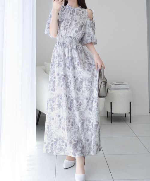 mily bilet（ミウィビレット）の「【mily bilet】爽やかで優雅な大人フェミニン。肩開きリボン２WAY花柄バルーン袖ワンピース（ロング丈）（ワンピース・レディース・グレー/アイボリー・LARGE/MEDIUM/SMALL/X-LARGE）」の14枚目の写真