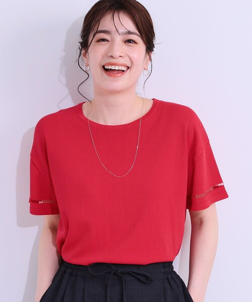 DRESKIP（ドレスキップ）の「【S-LL/洗える/UV】お袖シアーでヘルシーに フレアスリーブサマーニット（ニット/セーター・レディース・ネイビー/ダークブラウン/ピンク系/オフホワイト/ブラック/ブルーグリーン・01/02/03/04）」の6枚目の写真