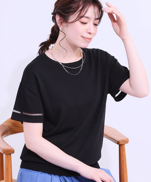 DRESKIP（ドレスキップ）の「【S-LL/洗える/UV】お袖シアーでヘルシーに フレアスリーブサマーニット（ニット/セーター・レディース・ネイビー/ダークブラウン/ピンク系/オフホワイト/ブラック/ブルーグリーン・01/02/03/04）」の2枚目の写真