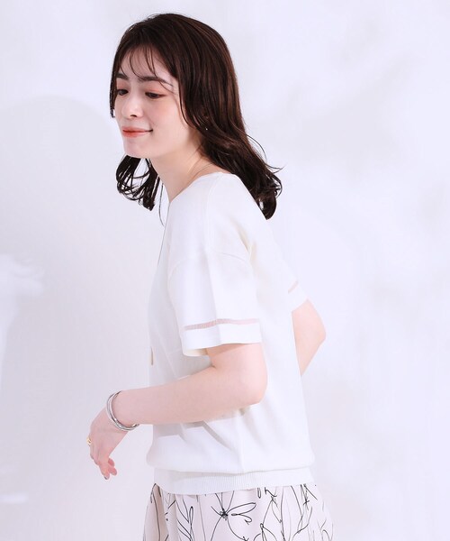 DRESKIP（ドレスキップ）の「【S-LL/洗える/UV】お袖シアーでヘルシーに フレアスリーブサマーニット（ニット/セーター・レディース・ネイビー/ダークブラウン/ピンク系/オフホワイト/ブラック/ブルーグリーン・01/02/03/04）」の8枚目の写真