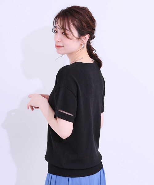 DRESKIP（ドレスキップ）の「【S-LL/洗える/UV】お袖シアーでヘルシーに フレアスリーブサマーニット（ニット/セーター・レディース・ネイビー/ダークブラウン/ピンク系/オフホワイト/ブラック/ブルーグリーン・01/02/03/04）」の16枚目の写真