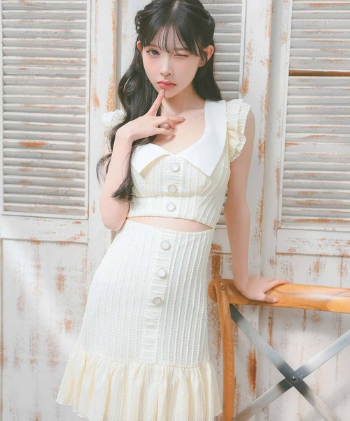キャバドレス [韓国ドレス] セーラーフリル袖コットンレース