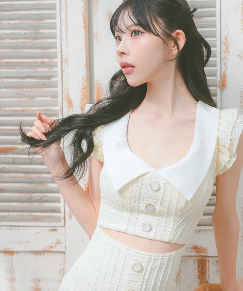 キャバドレス [韓国ドレス] セーラーフリル袖コットンレース
