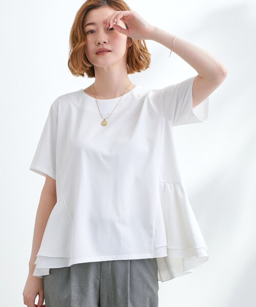 grove（グローブ）の「【UV・冷感】布帛使いフレアーTシャツ（Tシャツ/カットソー・レディース・オフホワイト/ブラック/ブルーグリーン/オレンジ・02/03/01/04/05）」の5枚目の写真