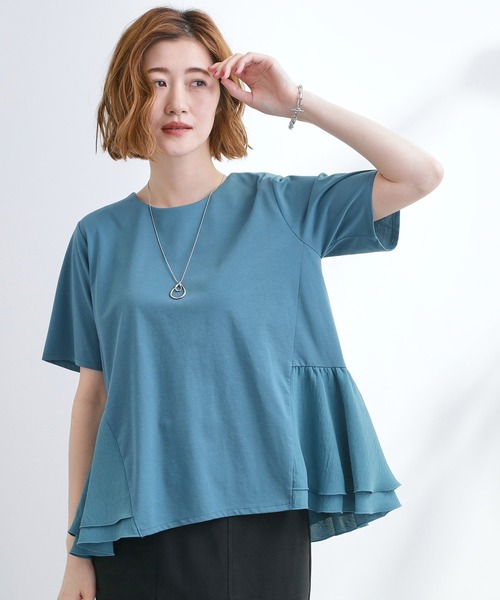 grove（グローブ）の「【UV・冷感】布帛使いフレアーTシャツ（Tシャツ/カットソー・レディース・オフホワイト/ブラック/ブルーグリーン/オレンジ・02/03/01/04/05）」の4枚目の写真