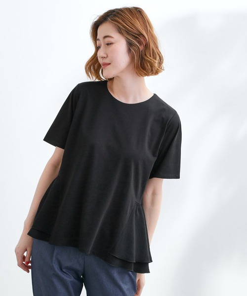 grove（グローブ）の「【UV・冷感】布帛使いフレアーTシャツ（Tシャツ/カットソー・レディース・オフホワイト/ブラック/ブルーグリーン/オレンジ・02/03/01/04/05）」の3枚目の写真