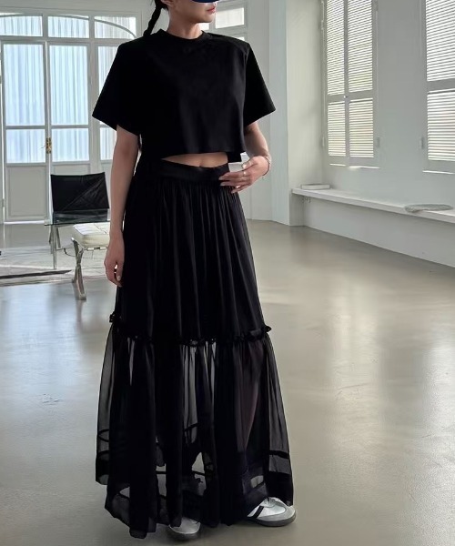 FREE STYLISTS(フリー スタイリスト)の「YUGA_YGMC Gauze fabric half sheer skirt(スカート・レディース・ブラック/ブルー/ホワイト・FREE)」の1枚目の写真