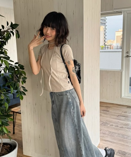 DAYDAY(デイデイ)の「スピンロゴリブトップス(Tシャツ/カットソー・レディース・モカ/ブラック・L/M)」の2枚目の写真