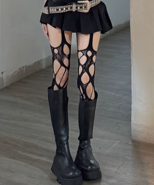 ブラックタイツ　紫リボン MusicLegs(ミュージックレッグ) 2トーン配色オペークタイツ