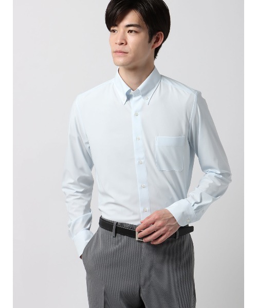 SUIT SQUARE(スーツスクエア)の「涼しい最高シャツ 長袖ワイシャツ ノンアイロンジャージー ボタンダウンカラー ドレスシャツ(ビジネスシャツ・メンズ・ホワイト系/ブルー系・首回り43cm-裄丈90cm/首回り45cm-裄丈86cm/首回り37cm-裄丈80cm/首回り37cm-裄丈84cm/首回り39cm-裄丈82cm/首回り39cm-裄丈86cm/首回り41cm-裄丈84cm/首回り41cm-裄丈88cm/首回り43cm-裄丈86cm)」の1枚目の写真