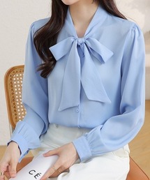 シャツ/ブラウス（ブルー・ネイビー/青色系・リボン）ファッション通販