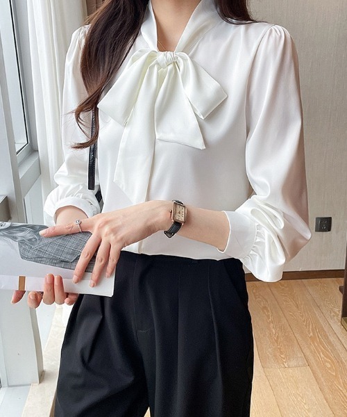 yuue' ( wear )(ユーイ)の「オフィス、プライベート、オケージョンにも◎ボウタイリボン長袖ブラウス(シャツ/ブラウス・レディース・ブルー/ホワイト/ベージュ・FREE)」の17枚目の写真