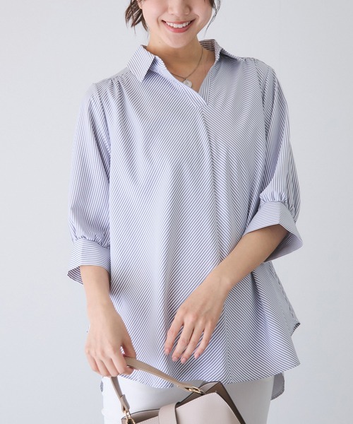 Jayro(ジャイロ)の「パフスリーブスキッパーシャツ(シャツ/ブラウス・レディース・ネイビー/ホワイト系その他/グリーン/ピンク/グレー・M)」の3枚目の写真