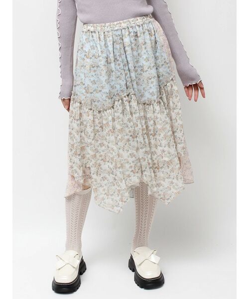 merry jenny（メリージェニー）の「floralイレギュラーヘムミディスカート（スカート・レディース・ブラック/アイボリー・FREE）」の5枚目の写真