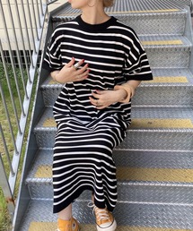 ISOOK | ボーダーニットロングワンピース(comochi select) / ロング丈 半袖 Tワンピース オーバーサイズ ビックシルエット Iライン リブワンピ ホワイト ブラック 白 黒(ワンピース)