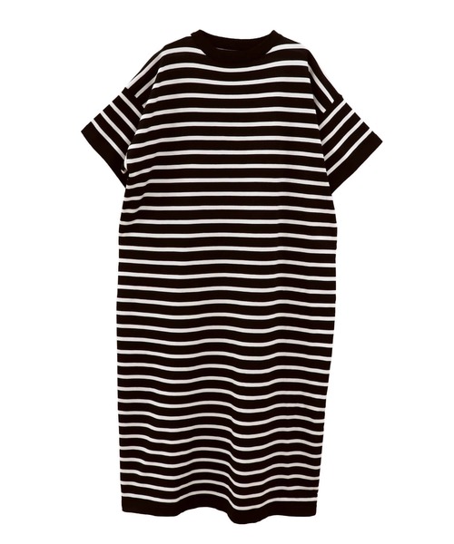 ISOOK（アイスー）の「ボーダーニットロングワンピース(comochi select) / ロング丈 半袖 Tワンピース オーバーサイズ ビックシルエット Iライン リブワンピ ホワイト ブラック 白 黒（ワンピース・レディース・ブラック/アイボリー・FREE）」の20枚目の写真