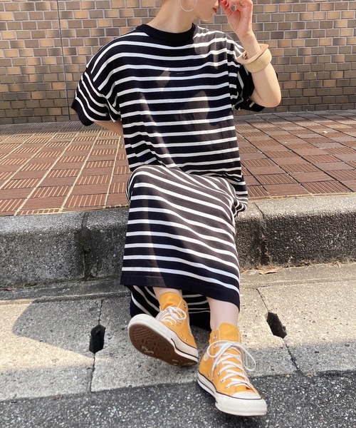 ISOOK（アイスー）の「ボーダーニットロングワンピース(comochi select) / ロング丈 半袖 Tワンピース オーバーサイズ ビックシルエット Iライン リブワンピ ホワイト ブラック 白 黒（ワンピース・レディース・ブラック/アイボリー・FREE）」の12枚目の写真