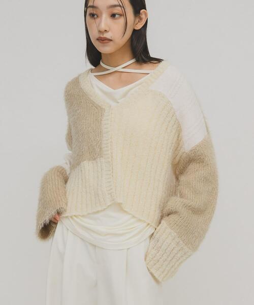 van ベージュ パッチワーク ニットカーディガン FREAK'S STORE（フリークスストア） カーディガン パッチワーク