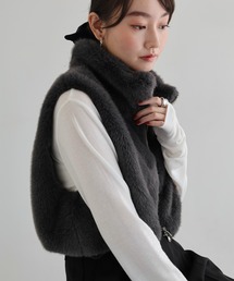 【試着のみ】ellie ELLIEエリー ファーショートベスト ジレ GRAY ファーショートベスト【GRAY】 – ELLIE
