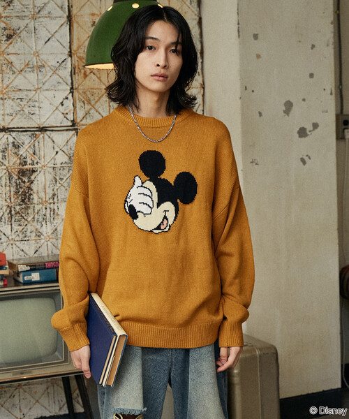 Disney（ディズニー）の「PUBLUX/パブリュクス 別注 MICKEY MOUSE FACE KNIT/ミッキーマウスジャガードニット(限定展開)（ニット/セーター・メンズ・イエロー/チャコールグレー/ライトグレー・SMALL/MEDIUM/LARGE）」の7枚目の写真