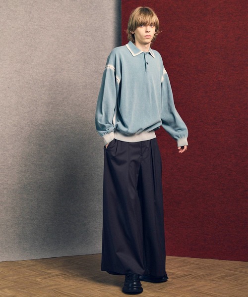 新品　MAISON SPECIAL 長袖ポロシャツ　ブリーチ　1 ライトブルー UNISEX》High Twist Pigment Bleach Prime-Over Long Sleeve Knit Polo