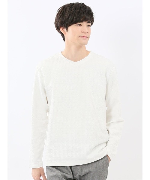 m.f.editorial(エムエフエディトリアル)の「【ストレッチ】m.f.エディトリアル メンズ 千鳥ジャガード クルーネック 長袖 Tシャツ(Tシャツ/カットソー・メンズ・ブラック/ホワイト・LARGE/X-LARGE/MEDIUM)」の1枚目の写真
