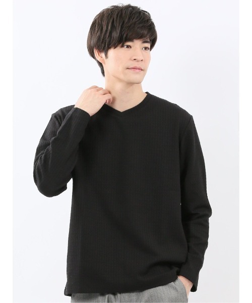 m.f.editorial(エムエフエディトリアル)の「【ストレッチ】m.f.エディトリアル メンズ 千鳥ジャガード クルーネック 長袖 Tシャツ(Tシャツ/カットソー・メンズ・ブラック/ホワイト・LARGE/X-LARGE/MEDIUM)」の2枚目の写真