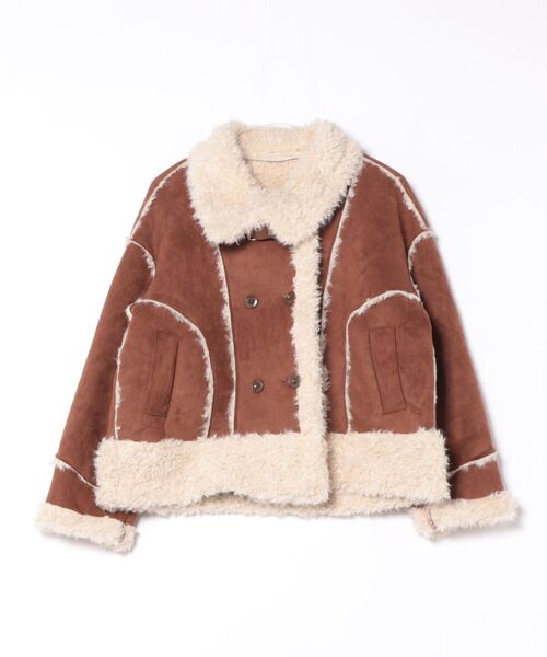 セール】ダブルボタン×毛皮切替ショートジャケット（ムートンコート