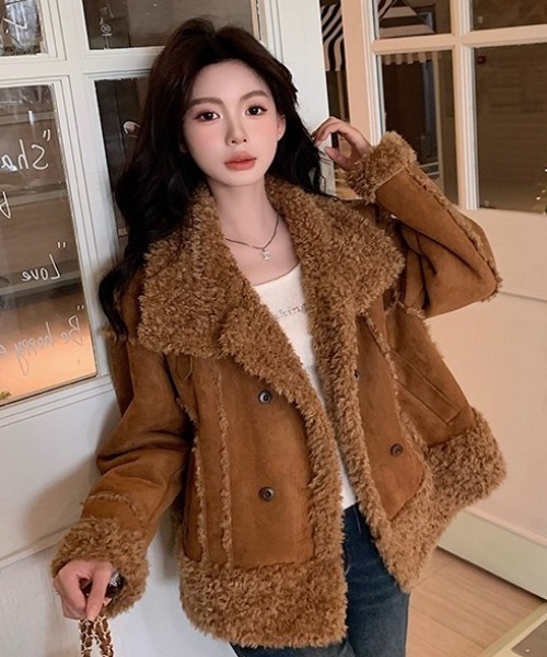 【美品】エポカ 毛皮 ニット切り替え ムートンジャケット ブラウン サイズL 高級ムートンを贅沢に使用、革ジャンの王様 B-3フライトジャケットを4