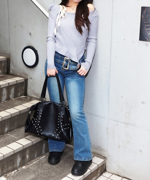 JilLA(ジルア)の「Ribbed Knit Shoulder Ribbon Tops / リブニットショルダーリボントップス(ニット/セーター・レディース・ブラック/グレー・FREE)」の7枚目の写真
