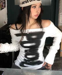 2wayオフショルロングスリーブトップス/ブラッシュプリントデザイン ロンT 長袖Tシャツ
