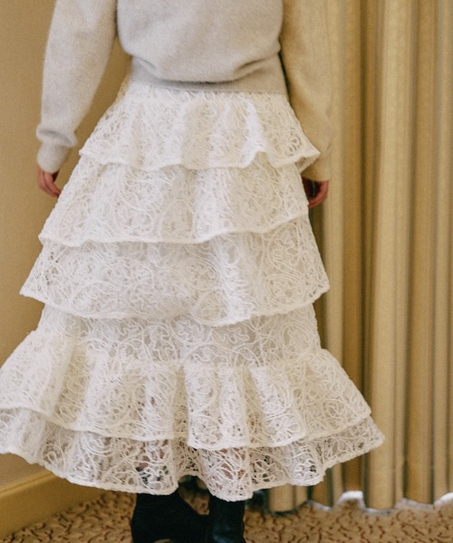 mysty woman（ミスティウーマン）の「起毛レースティアードスカート 588961（スカート・レディース・アイボリー/ブラック・FREE）」の2枚目の写真