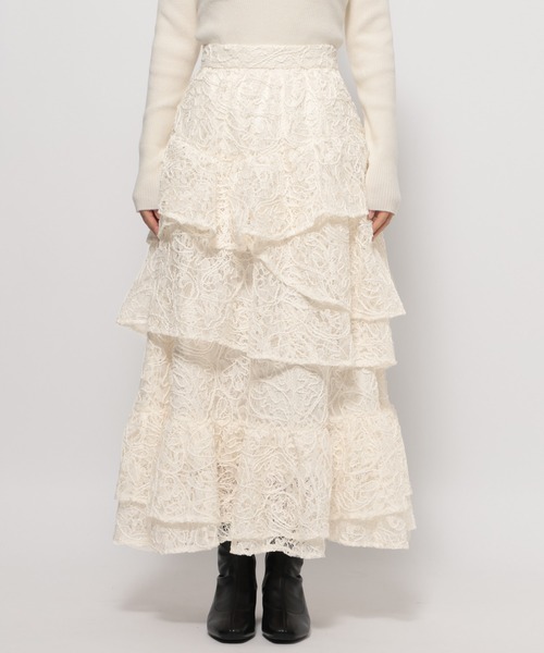 mysty woman（ミスティウーマン）の「起毛レースティアードスカート 588961（スカート・レディース・アイボリー/ブラック・FREE）」の6枚目の写真