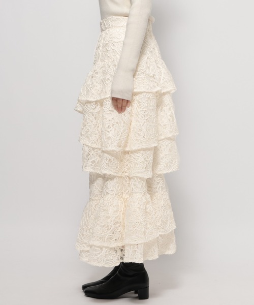 mysty woman（ミスティウーマン）の「起毛レースティアードスカート 588961（スカート・レディース・アイボリー/ブラック・FREE）」の7枚目の写真