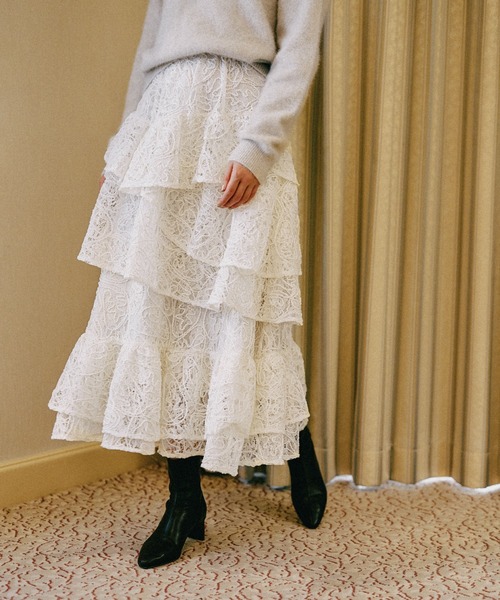 mysty woman（ミスティウーマン）の「起毛レースティアードスカート 588961（スカート・レディース・アイボリー/ブラック・FREE）」の20枚目の写真