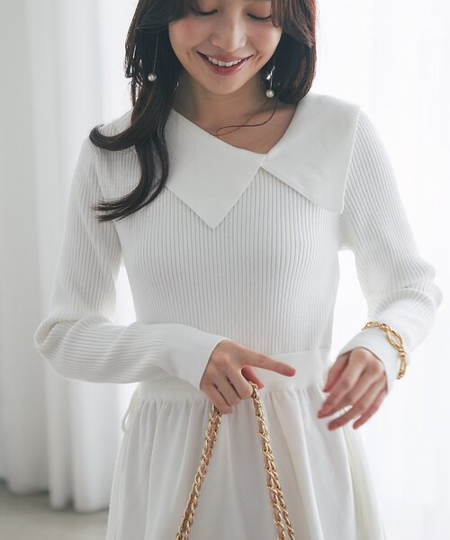 La boutique BonBon（ラブティックボンボン）の「【愛されワンピース】アシメカラーニットワンピース（ワンピース・レディース・ホワイト/ネイビー・FREE）」の10枚目の写真