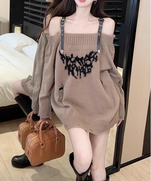 lilful(リルフル)の「ショルダーベルト フロントロゴ オフショル ニットトップス(ニット/セーター・レディース・グレー/ベージュ・F)」の8枚目の写真