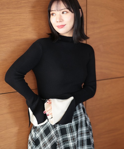 Ruwan yu(ルワンユー)の「配色フレアスリーブリブニットプルオーバー【大きいサイズ対応】(ニット/セーター・レディース・ブラック/アイボリー・4L/L/LL/3L)」の10枚目の写真