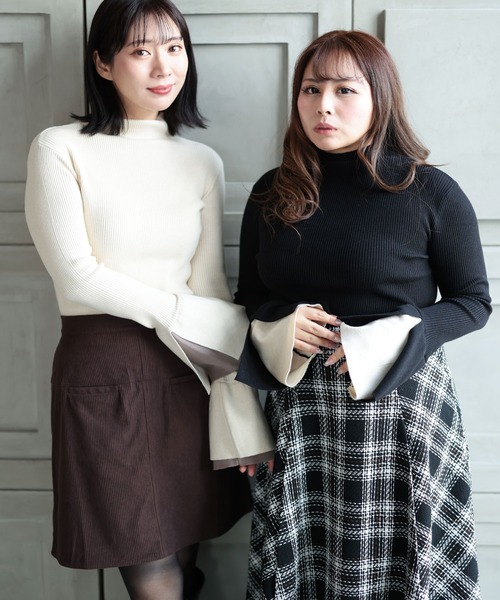 Ruwan yu(ルワンユー)の「配色フレアスリーブリブニットプルオーバー【大きいサイズ対応】(ニット/セーター・レディース・ブラック/アイボリー・4L/L/LL/3L)」の14枚目の写真