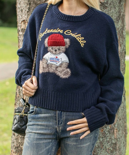 セール】《ショート丈×くま刺繍》レディース ニット トップス ニット帽
