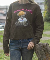 《ショート丈×くま刺繍》レディース ニット トップス ニット帽付きモチーフ 秋冬