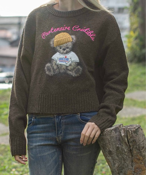 セール】《ショート丈×くま刺繍》レディース ニット トップス ニット帽