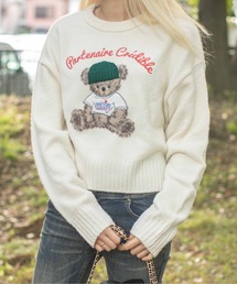 《ショート丈×くま刺繍》レディース ニット トップス ニット帽付きモチーフ 秋冬