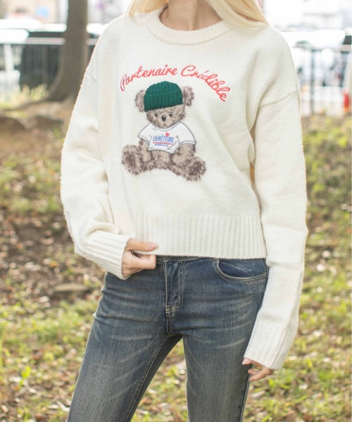 セール】《ショート丈×くま刺繍》レディース ニット トップス ニット帽